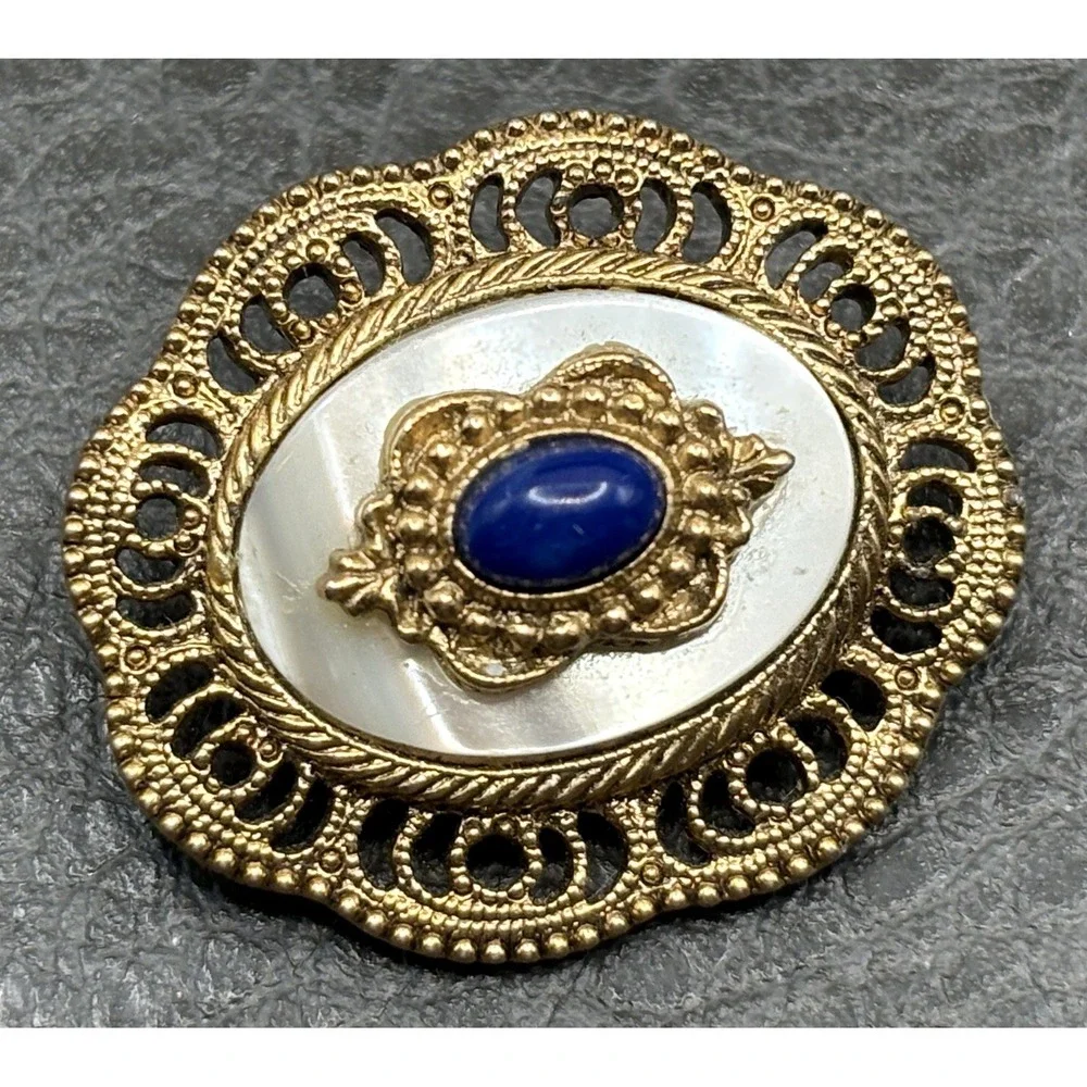 VTG 1928 Brand Victorian Revival Filigree Small Brooch Blue Cabochon Gold Tone